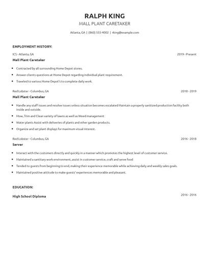 Mall Plant Caretaker Resume