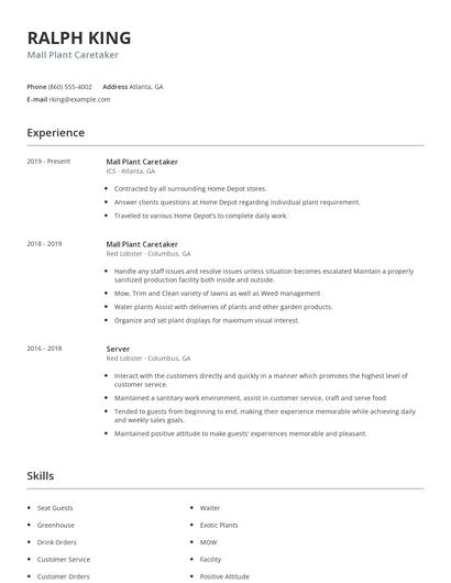 Mall Plant Caretaker Resume