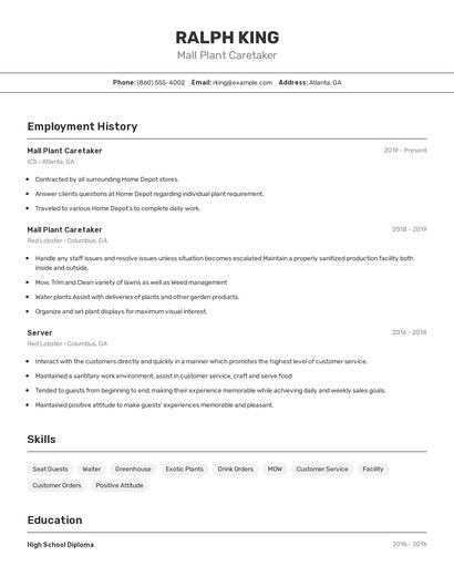 Mall Plant Caretaker Resume