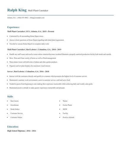 Mall Plant Caretaker Resume