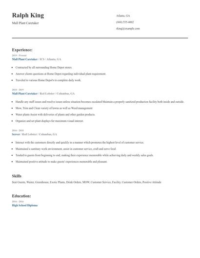 Mall Plant Caretaker Resume