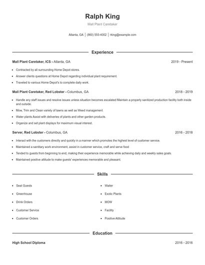 Mall Plant Caretaker Resume