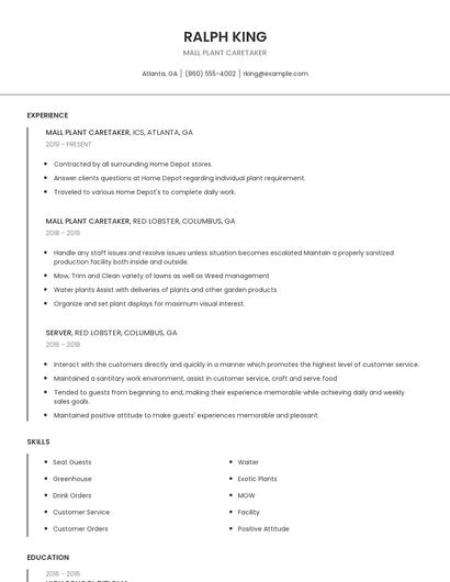 Mall Plant Caretaker Resume