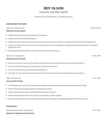 Mammal Control Agent Resume