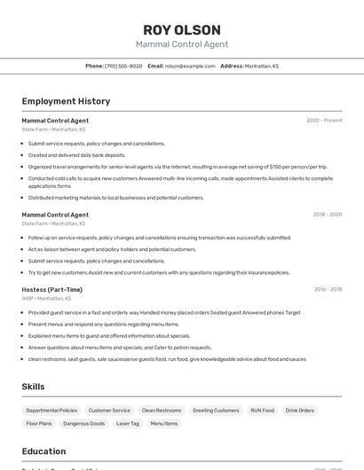 Mammal Control Agent Resume