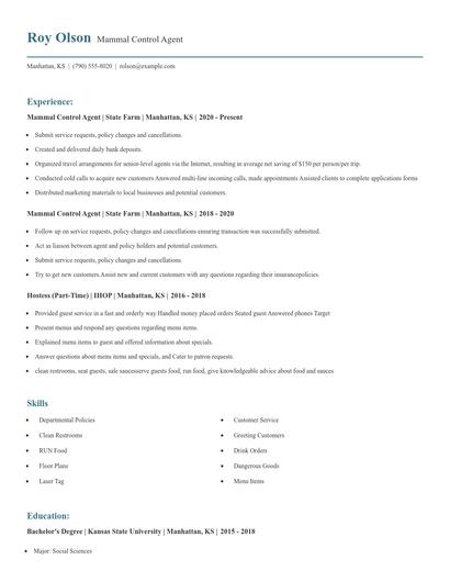 Mammal Control Agent Resume