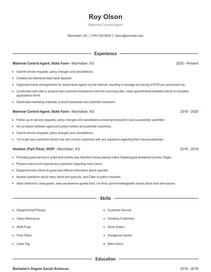 Mammal Control Agent Resume