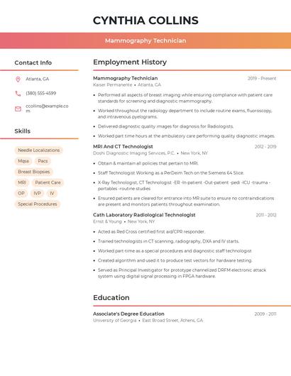 Mammography Technician Resume