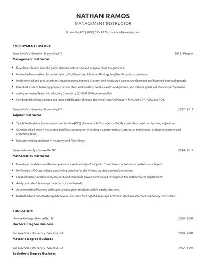 Management Instructor Resume