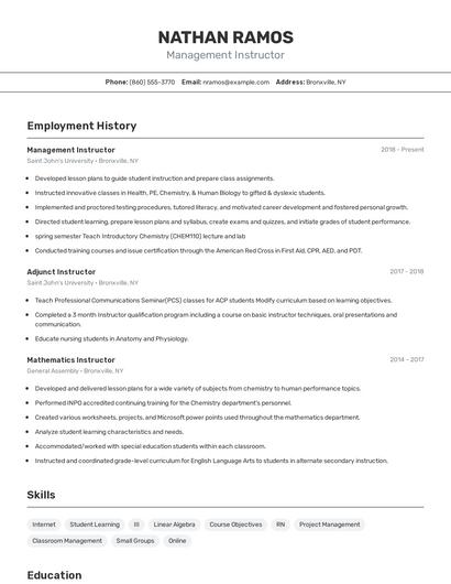 Management Instructor Resume