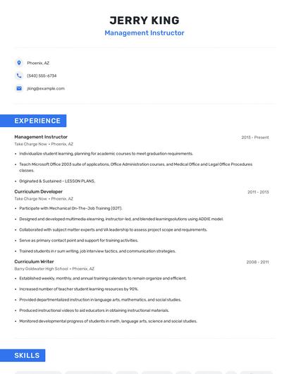 Management Instructor Resume