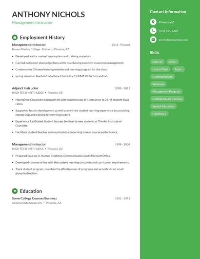 Management Instructor Resume
