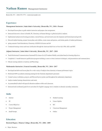 Management Instructor Resume