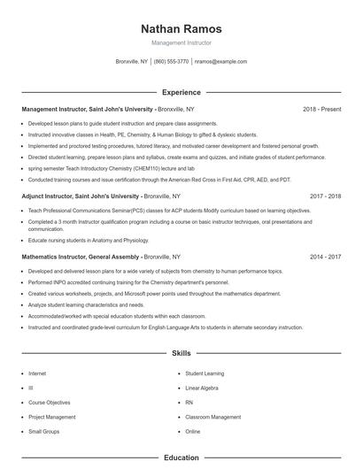 Management Instructor Resume