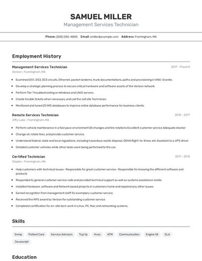 Management Services Technician Resume