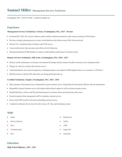 Management Services Technician Resume