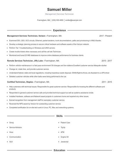 Management Services Technician Resume