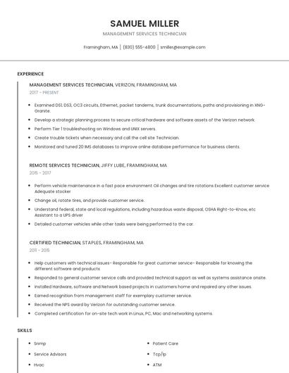 Management Services Technician Resume