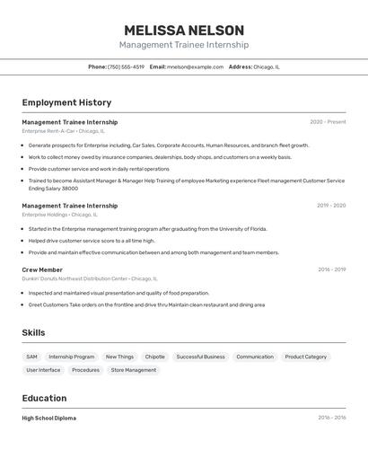 Management Trainee Internship Resume