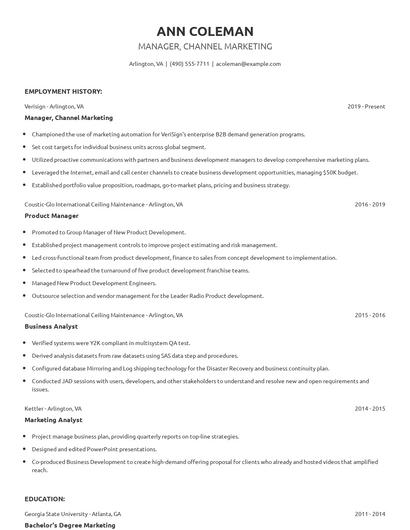 Manager, Channel Marketing Resume