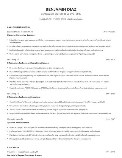 Manager, Enterprise Systems Resume