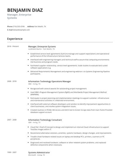 Manager, Enterprise Systems Resume