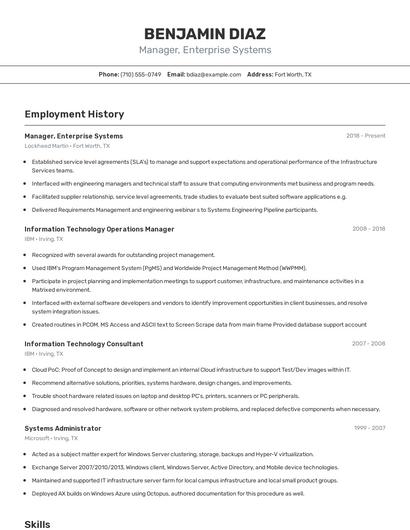 Manager, Enterprise Systems Resume