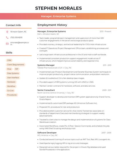 Manager, Enterprise Systems Resume