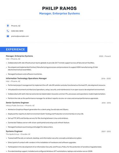 Manager, Enterprise Systems Resume