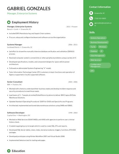 Manager, Enterprise Systems Resume