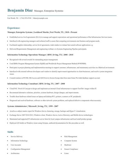 Manager, Enterprise Systems Resume