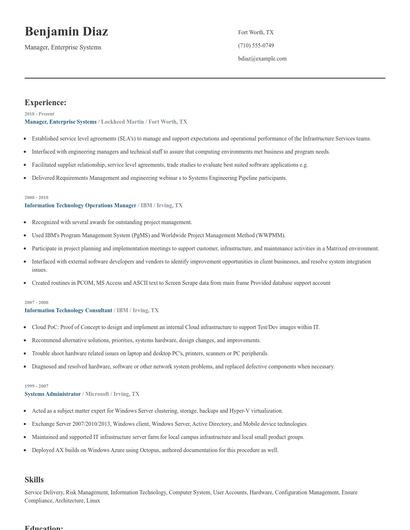 Manager, Enterprise Systems Resume