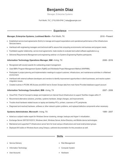 Manager, Enterprise Systems Resume
