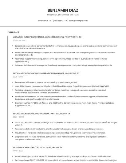 Manager, Enterprise Systems Resume