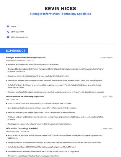 Manager Information Technology Specialist Resume