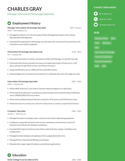 Manager Information Technology Specialist Resume