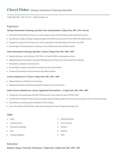 Manager Information Technology Specialist Resume