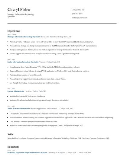 Manager Information Technology Specialist Resume