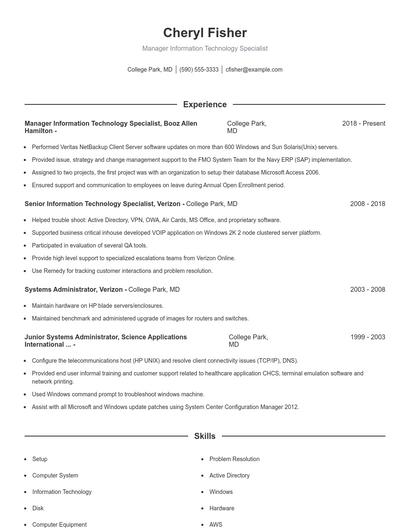 Manager Information Technology Specialist Resume