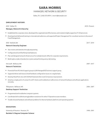 Manager, Network & Security Resume