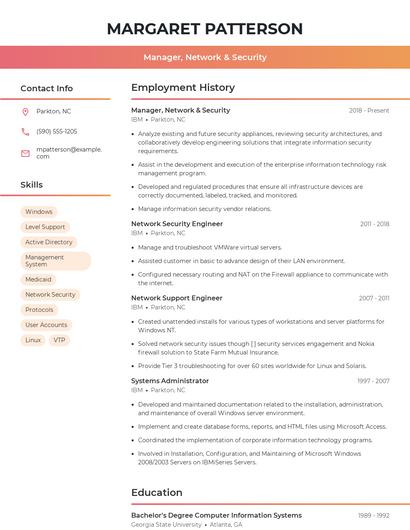 Manager, Network & Security Resume