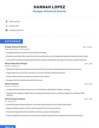 Manager, Network & Security Resume