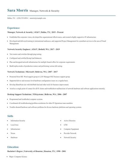 Manager, Network & Security Resume