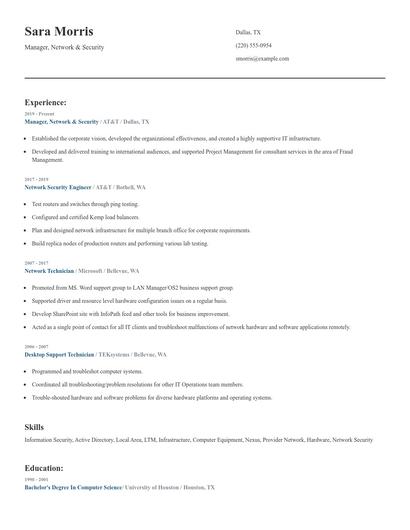 Manager, Network & Security Resume