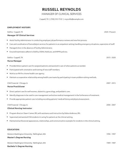 Manager Of Clinical Services Resume