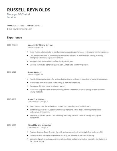 Manager Of Clinical Services Resume