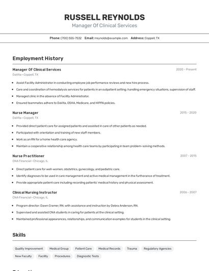 Manager Of Clinical Services Resume