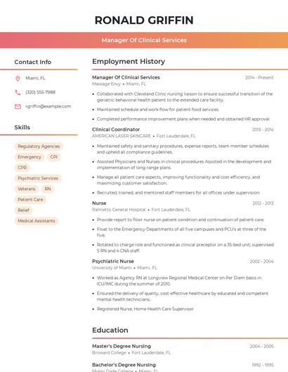 Manager Of Clinical Services Resume