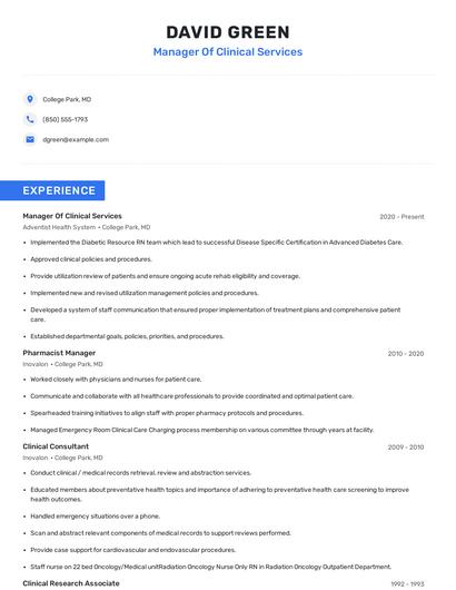 Manager Of Clinical Services Resume
