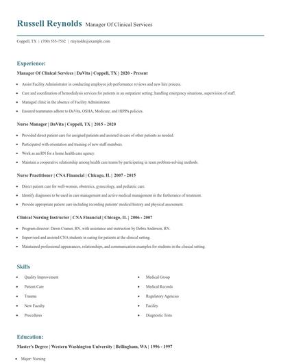 Manager Of Clinical Services Resume